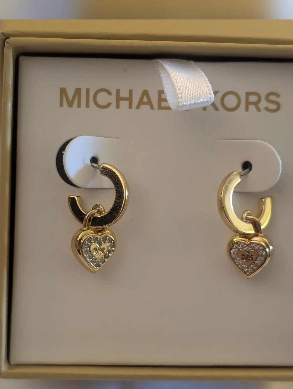 Michael Kors MK Logo Gold Plated Crystal Pave Heart Dangle Earrings